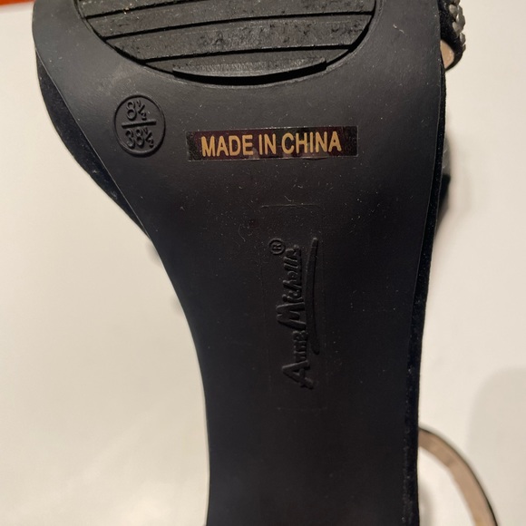 Black Vegan Suede Heeled Sandals with Rhinestone Detail - Picture 8 of 9